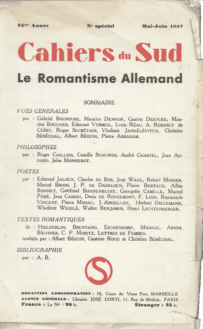 Cahiers du Sud Numéro spécial : le romantisme allemand - 1937 